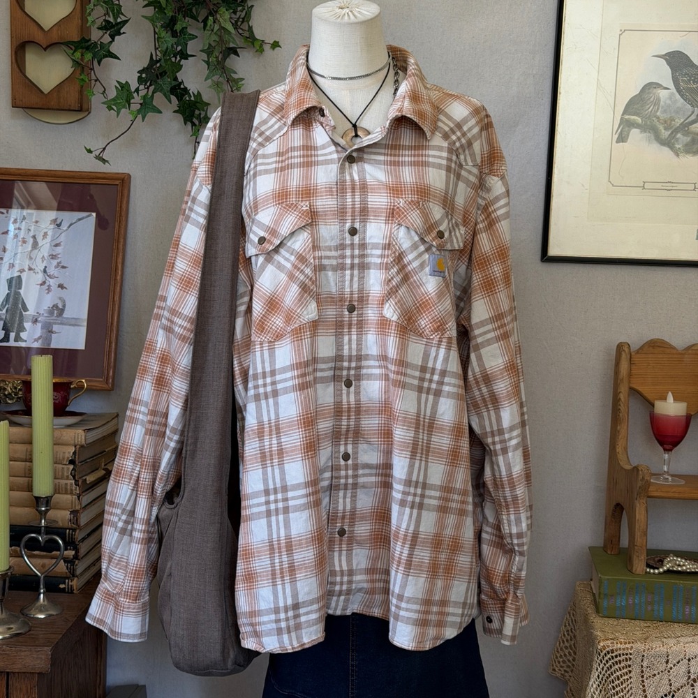 Orange Plaid Thick Cotton Shirt Relaxed Boho Granola 2XL Indie Grunge Shacket